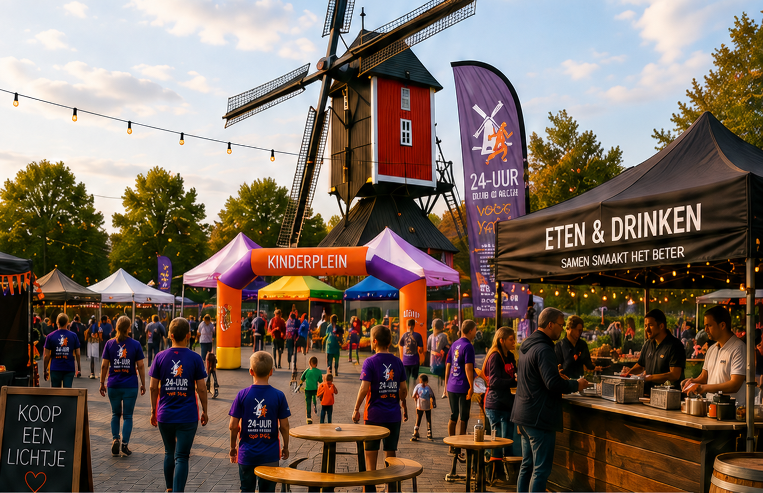 Sfeerontwerp van het evenement met KiKa-verkoopkraam, kinderplein, eten en drinken en lopers bij de molen