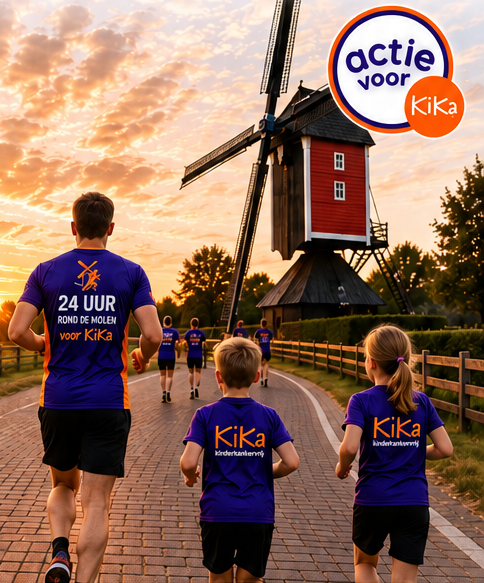 Sfeerontwerp met een hardloper en kinderen bij de molen voor KiKa